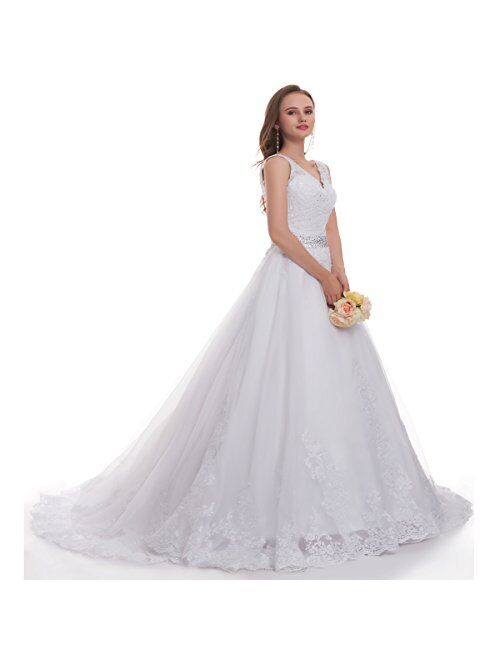 OWMAN Women's Double V-Neck Lace Applique Empire Chapel Train Wedding Dress