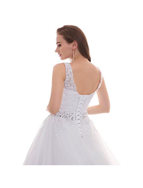 OWMAN Women's Double V-Neck Lace Applique Empire Chapel Train Wedding Dress