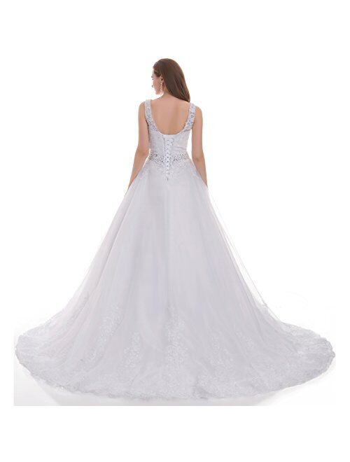 OWMAN Women's Double V-Neck Lace Applique Empire Chapel Train Wedding Dress