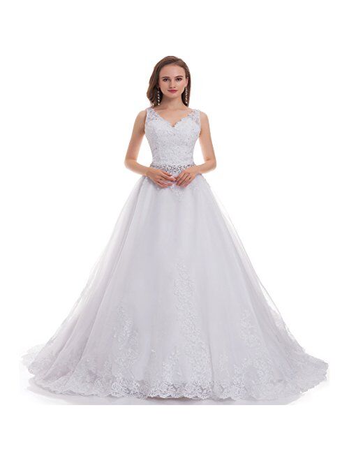 OWMAN Women's Double V-Neck Lace Applique Empire Chapel Train Wedding Dress