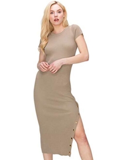 Monologue Apparel Womens Casual Short Sleeve/Racerback Midi Bodycon Side Slit Ribbed Sweater Dress