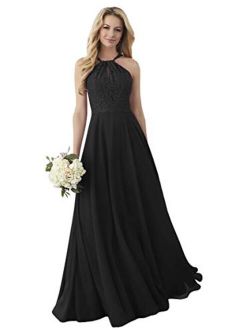 Women's Halter Bridesmaid Dress Lace Top Long Chiffon Evening Prom Ball Gown