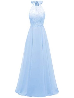 Women's Halter Bridesmaid Dress Lace Top Long Chiffon Evening Prom Ball Gown