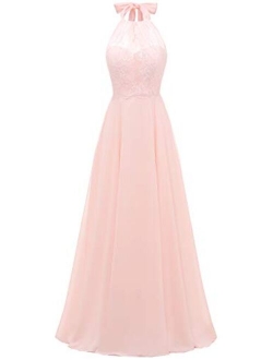 Women's Halter Bridesmaid Dress Lace Top Long Chiffon Evening Prom Ball Gown