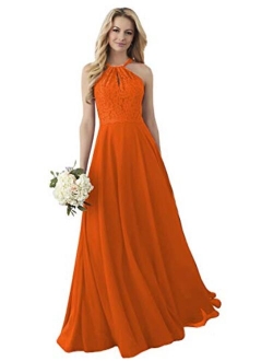 Women's Halter Bridesmaid Dress Lace Top Long Chiffon Evening Prom Ball Gown