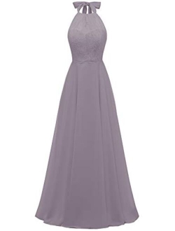 Women's Halter Bridesmaid Dress Lace Top Long Chiffon Evening Prom Ball Gown