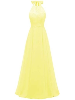 Women's Halter Bridesmaid Dress Lace Top Long Chiffon Evening Prom Ball Gown