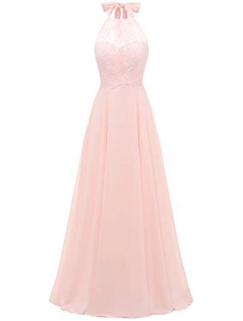 Women's Halter Bridesmaid Dress Lace Top Long Chiffon Evening Prom Ball Gown