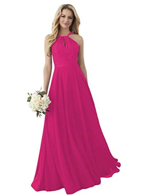 Women's Halter Bridesmaid Dress Lace Top Long Chiffon Evening Prom Ball Gown