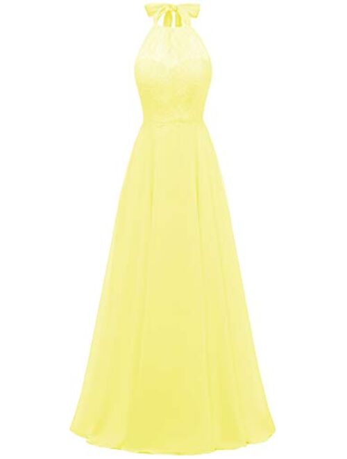 Women's Halter Bridesmaid Dress Lace Top Long Chiffon Evening Prom Ball Gown