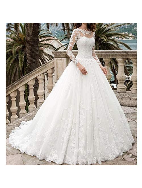 OWMAN New Women's Long Sleeves Scoop Lace Ball Gown Wedding Dress Bridal Gowns