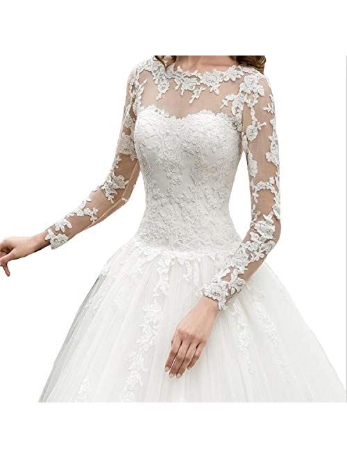 OWMAN New Women's Long Sleeves Scoop Lace Ball Gown Wedding Dress Bridal Gowns