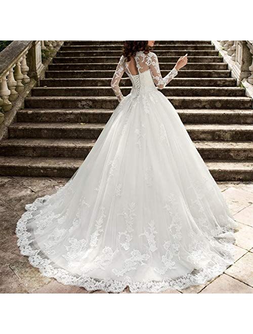 OWMAN New Women's Long Sleeves Scoop Lace Ball Gown Wedding Dress Bridal Gowns