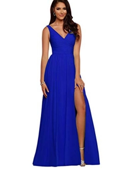 V Neck Bridesmaid Dresses Long Women Chiffon Split Formal Beach Wedding Evening Prom Gown