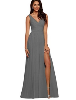 V Neck Bridesmaid Dresses Long Women Chiffon Split Formal Beach Wedding Evening Prom Gown