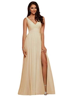 V Neck Bridesmaid Dresses Long Women Chiffon Split Formal Beach Wedding Evening Prom Gown