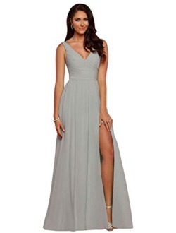 V Neck Bridesmaid Dresses Long Women Chiffon Split Formal Beach Wedding Evening Prom Gown