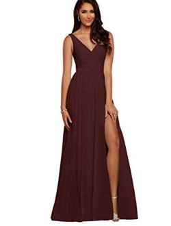 V Neck Bridesmaid Dresses Long Women Chiffon Split Formal Beach Wedding Evening Prom Gown