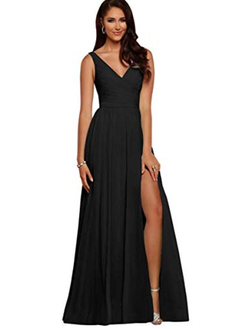 V Neck Bridesmaid Dresses Long Women Chiffon Split Formal Beach Wedding Evening Prom Gown