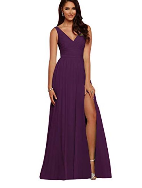 V Neck Bridesmaid Dresses Long Women Chiffon Split Formal Beach Wedding Evening Prom Gown