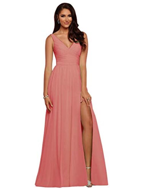 V Neck Bridesmaid Dresses Long Women Chiffon Split Formal Beach Wedding Evening Prom Gown