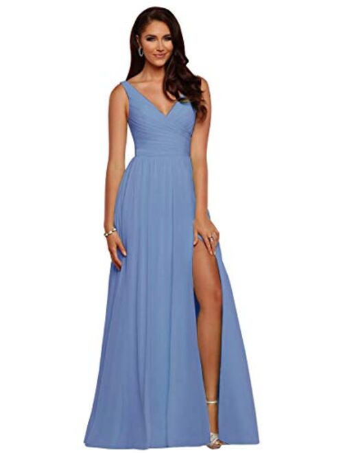 V Neck Bridesmaid Dresses Long Women Chiffon Split Formal Beach Wedding Evening Prom Gown