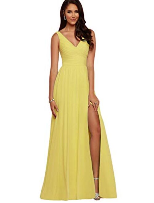 V Neck Bridesmaid Dresses Long Women Chiffon Split Formal Beach Wedding Evening Prom Gown