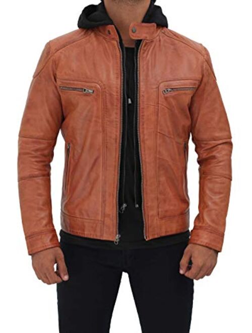 Brown Mens Leather Jacket - Real Lambskin Hooded Leather Jackets for Men