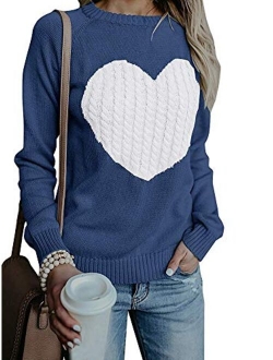 Imysty Womens Valentine's Day Cute Love Heart Ribbed Cable Knitted Crew Neck Sweater Pullover