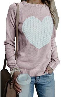 Imysty Womens Valentine's Day Cute Love Heart Ribbed Cable Knitted Crew Neck Sweater Pullover