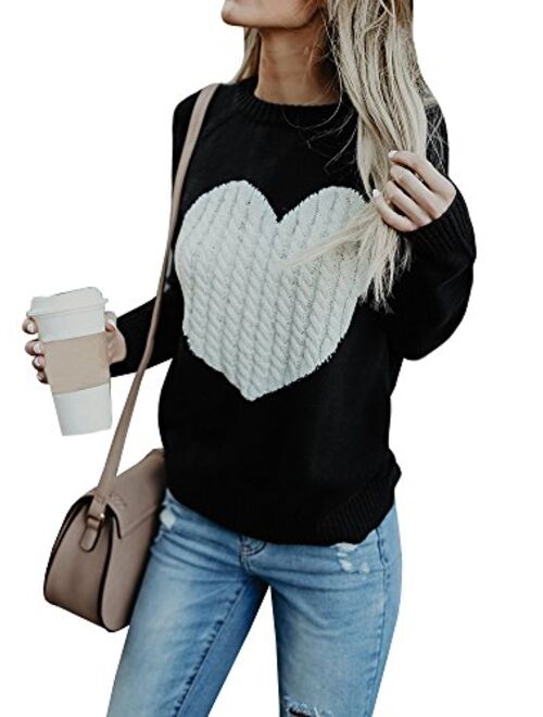 Imysty Womens Valentine's Day Cute Love Heart Ribbed Cable Knitted Crew Neck Sweater Pullover