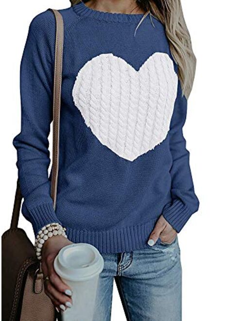 Imysty Womens Valentine's Day Cute Love Heart Ribbed Cable Knitted Crew Neck Sweater Pullover