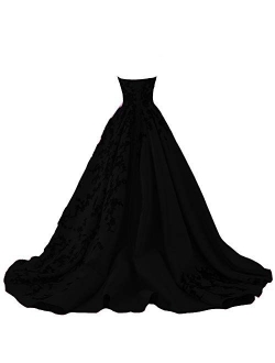 Kivary Gothic Black Satin Lace V Neck A Line Long Prom Corset Wedding Dresses