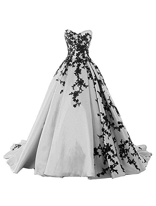 Kivary Gothic Black Satin Lace V Neck A Line Long Prom Corset Wedding Dresses