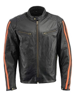 M Boss Motorcycle Apparel BOS11508 Mens Black and White Armored Leather Jacket with Racing Stripes