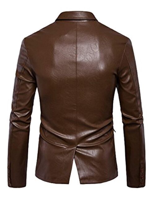 Mens Faux Leather Jacket Notched Lapel PU Jacket Men Two Button Blazer Jackets