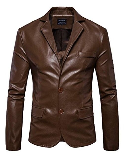 Mens Faux Leather Jacket Notched Lapel PU Jacket Men Two Button Blazer Jackets