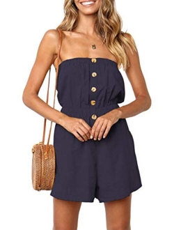 Women's Summer Off Shoulder Strapless Solid Color Button Down Elastic Waist Short Jumpsuit Romper