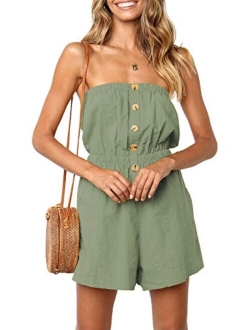 Women's Summer Off Shoulder Strapless Solid Color Button Down Elastic Waist Short Jumpsuit Romper