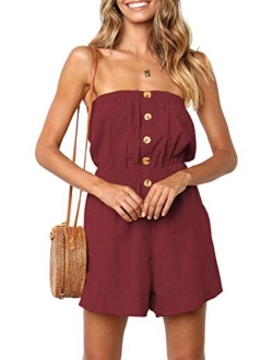 Women's Summer Off Shoulder Strapless Solid Color Button Down Elastic Waist Short Jumpsuit Romper