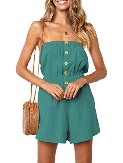 Women's Summer Off Shoulder Strapless Solid Color Button Down Elastic Waist Short Jumpsuit Romper