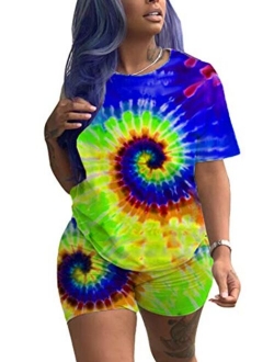 Womens 2 Piece Sets Summer Short Sleeve Pullover Top + Bodycon Shorts Tie Dye Casual Sweatsuits S-XXXL