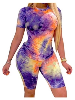 Womens 2 Piece Sets Summer Short Sleeve Pullover Top + Bodycon Shorts Tie Dye Casual Sweatsuits S-XXXL