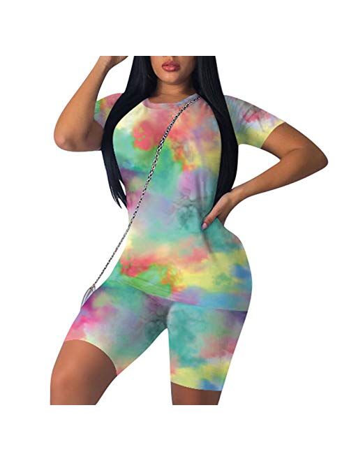 Womens 2 Piece Sets Summer Short Sleeve Pullover Top + Bodycon Shorts Tie Dye Casual Sweatsuits S-XXXL