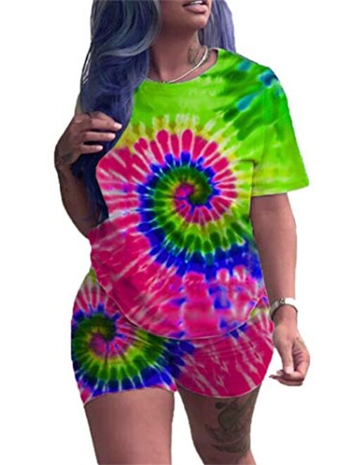 Womens 2 Piece Sets Summer Short Sleeve Pullover Top + Bodycon Shorts Tie Dye Casual Sweatsuits S-XXXL