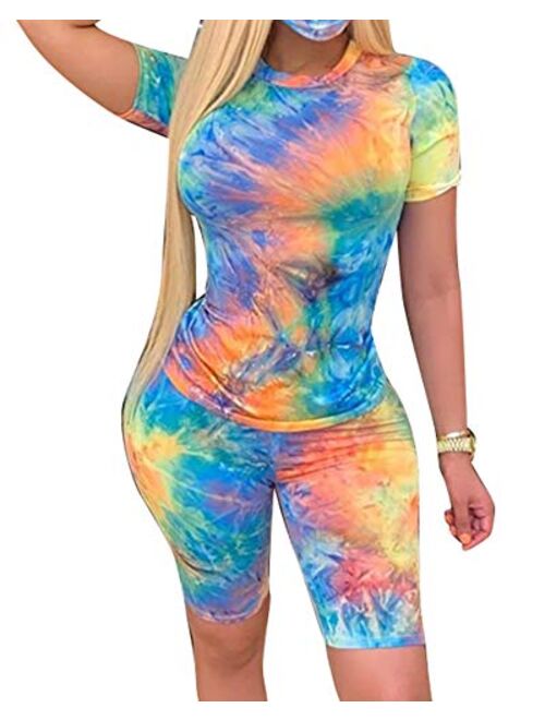 Womens 2 Piece Sets Summer Short Sleeve Pullover Top + Bodycon Shorts Tie Dye Casual Sweatsuits S-XXXL