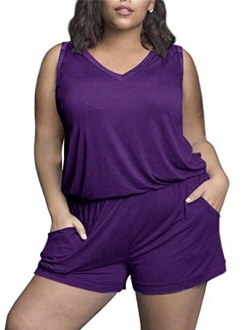 Yskkt Womens Plus Size Rompers Summer Short Sleeve V Neck Casual Loose Jumpsuits Playsuit Pockets