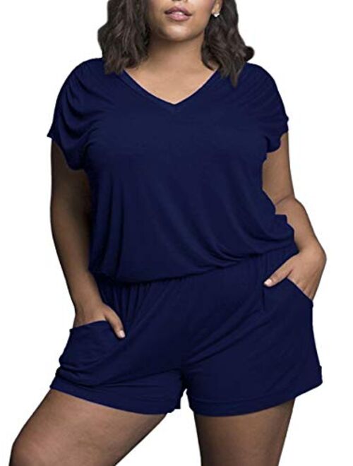 Yskkt Womens Plus Size Rompers Summer Short Sleeve V Neck Casual Loose Jumpsuits Playsuit Pockets