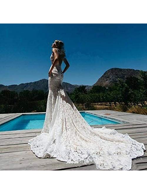 Tsbridal Bohemia Mermaid Wedding Dresses Lace Bridal Dresses Beach Garden Ivory Bridal Gowns with Pocket