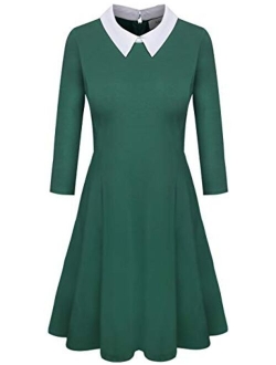 Melynnco Womens 3/4 Sleeve Casual Dress Wear to Work with Peter Pan Collar for Party